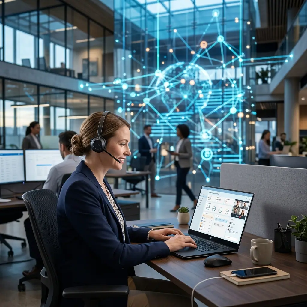 Modern workspace displaying a cloud communication dashboard