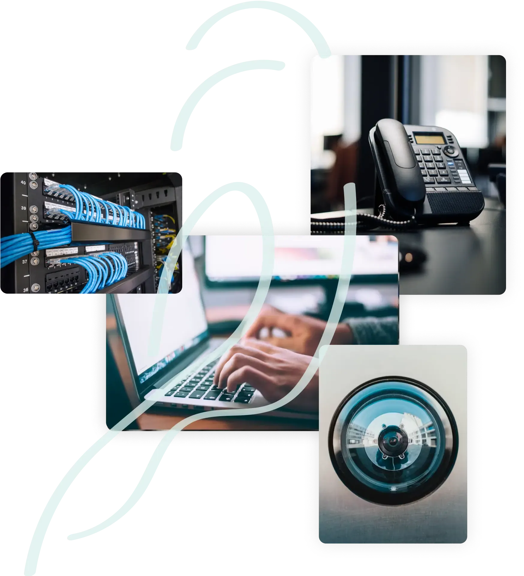 Various photos of communications solutions overlaid with a Kookaburra