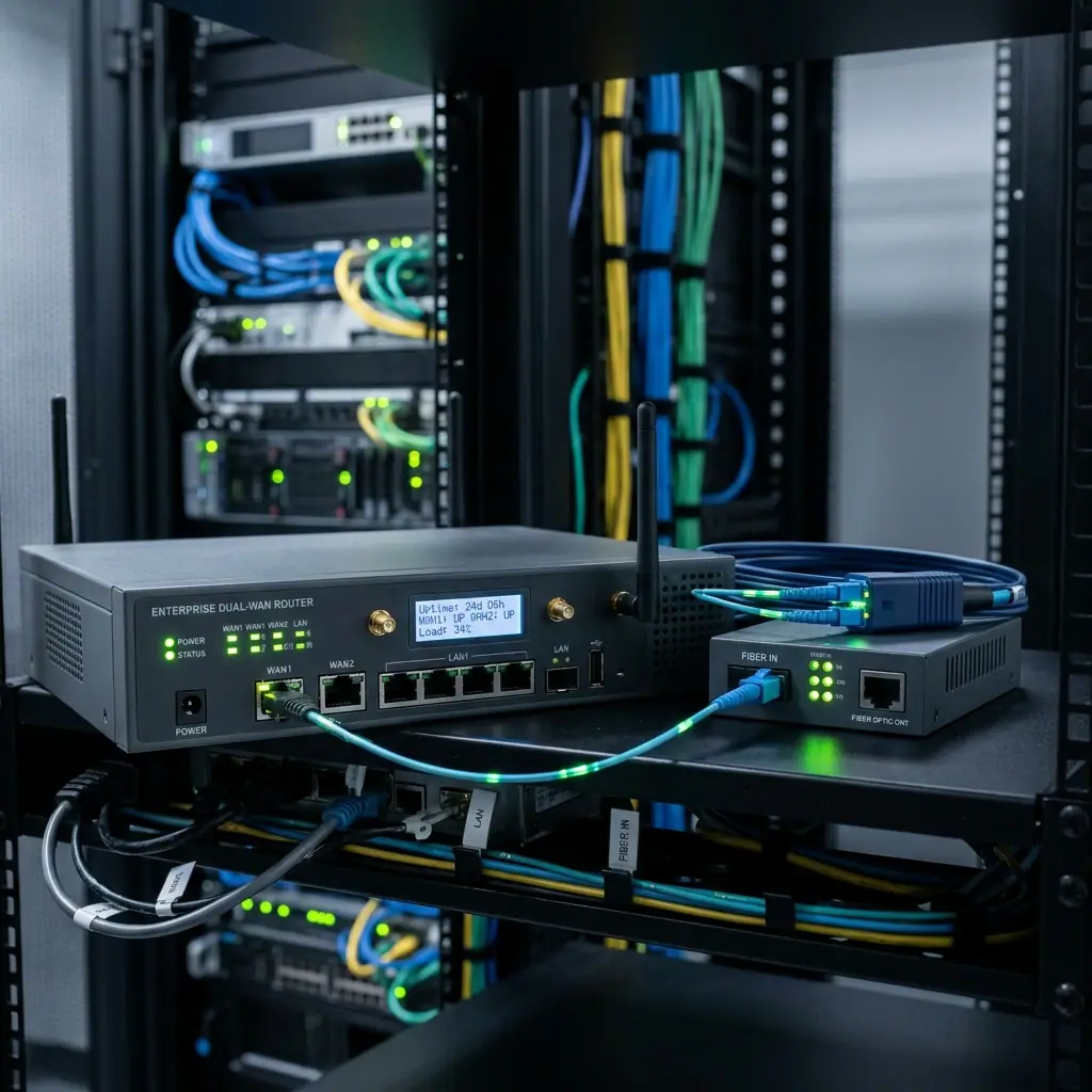 High-speed fiber optic internet modem and enterprise dual-WAN router with green status lights