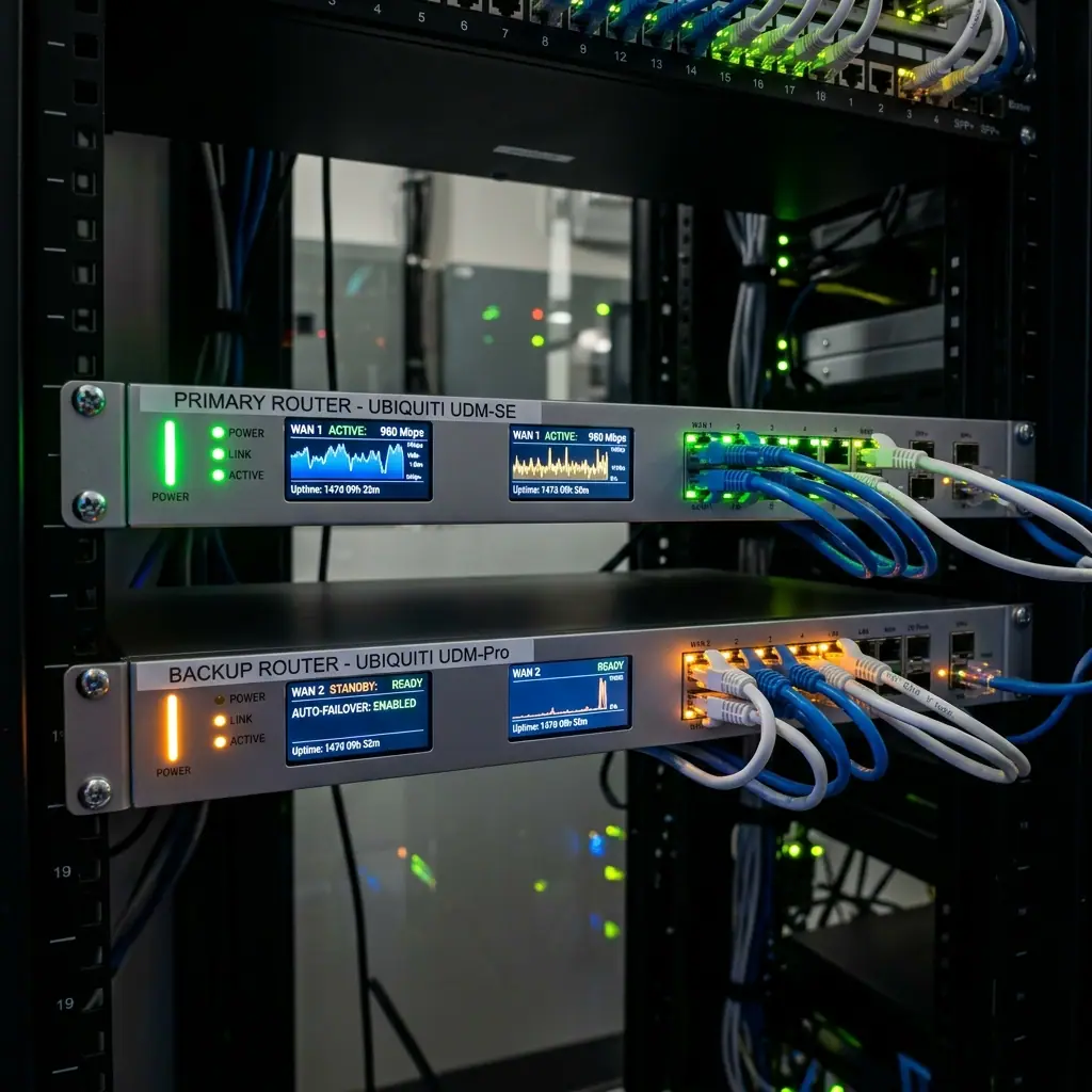 Primary and backup routers configured with auto-failover in an enterprise rack cabinet
