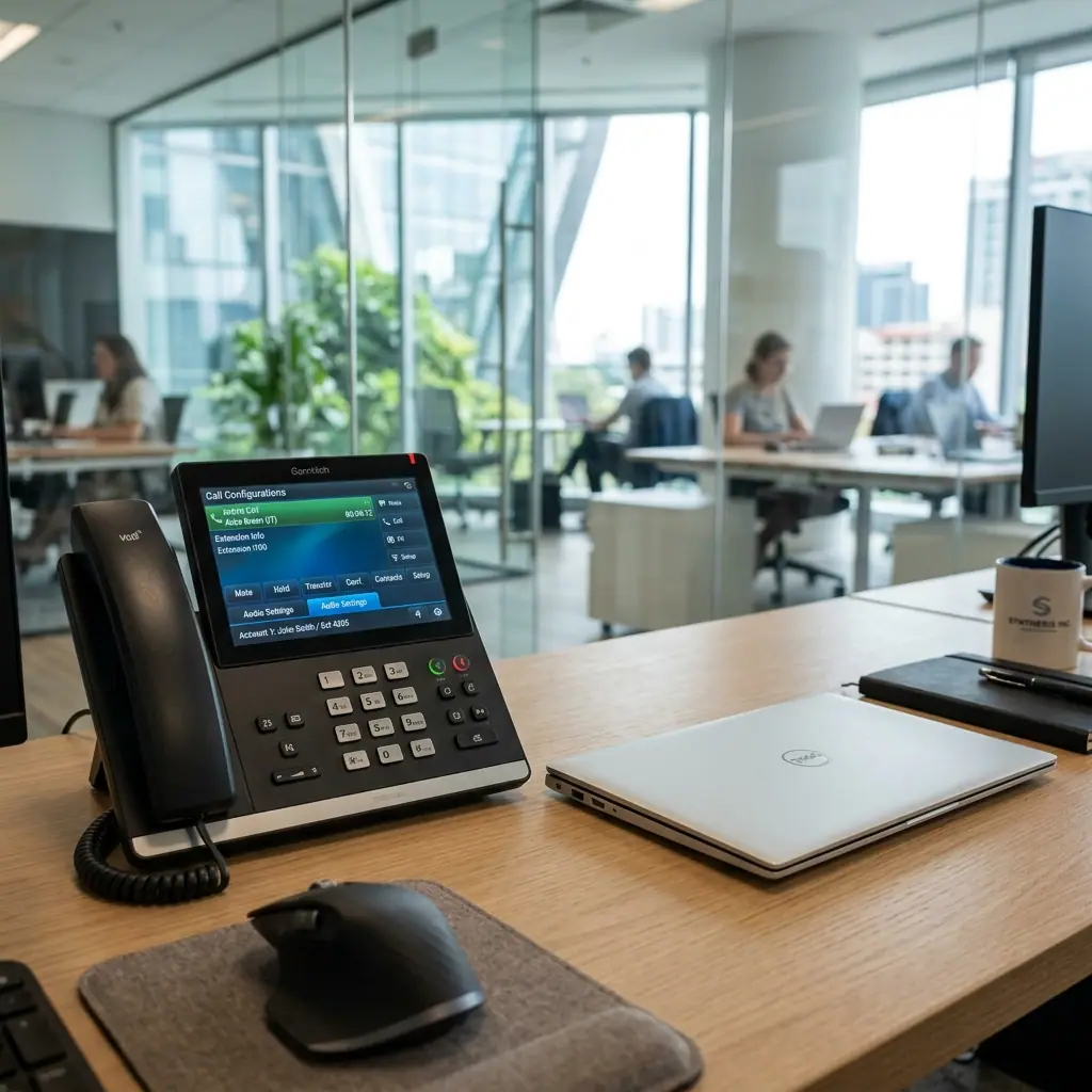Modern VoIP desk phone next to a laptop in a bright professional corporate glass office