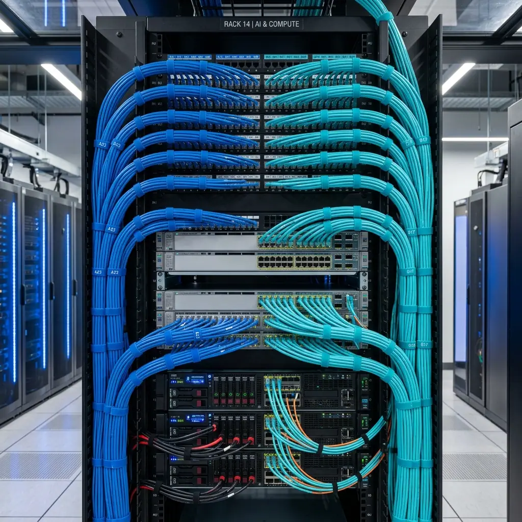 Perfectly organized network data rack with combed blue and cyan structured ethernet cables