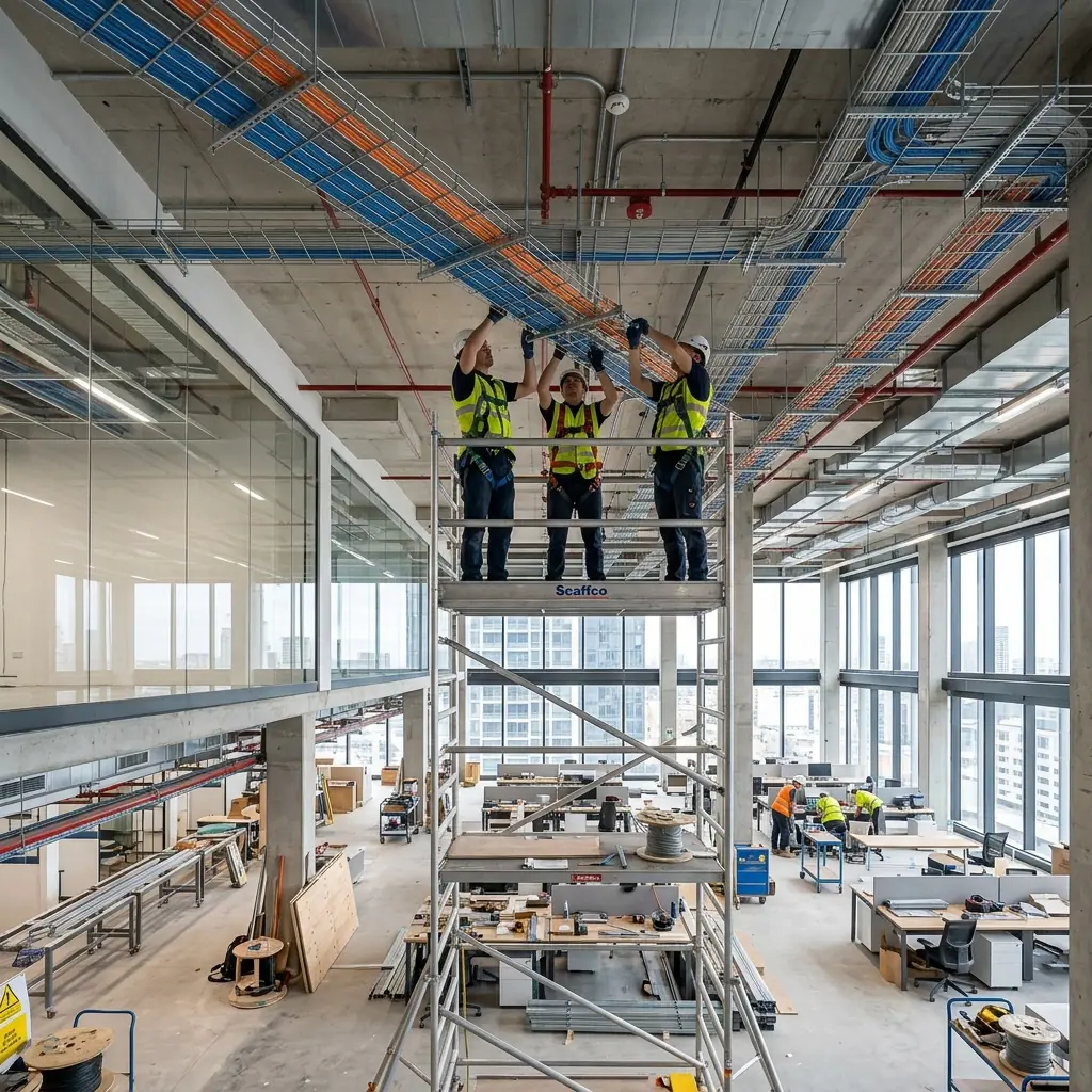 Technicians installing structured cabling and ceiling cable trays in a modern commercial office under construction
