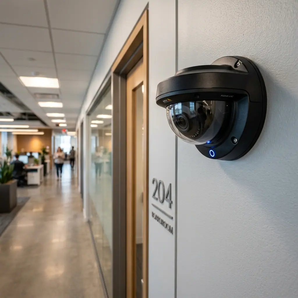 Modern IP dome security camera mounted on a clean office wall overlooking a boardroom hallway