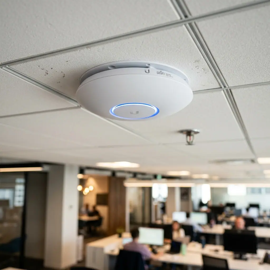 Sleek ceiling-mounted Ubiquiti UniFi access point with characteristic blue glowing LED ring in a modern office