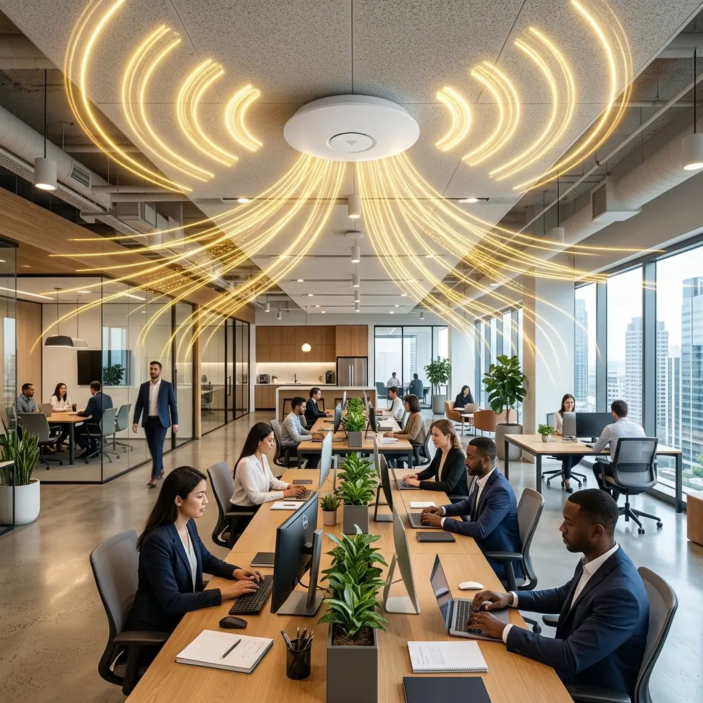 Abstract Wi-Fi signal radiating from a ceiling-mounted node over a busy corporate office space